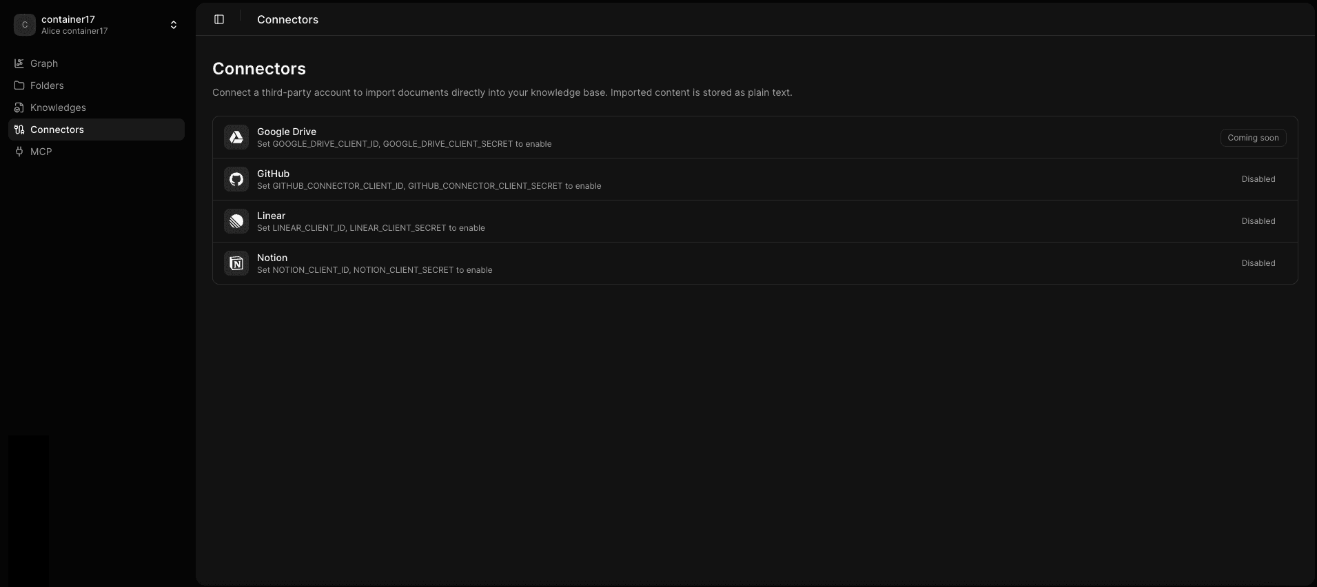 Connectors page: Google Drive, GitHub, Linear, Notion with enable / coming soon states