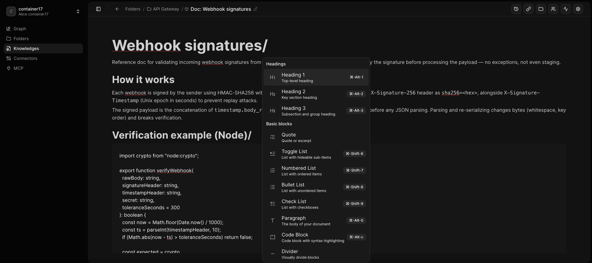 Knowledge editor with the slash-menu open showing headings, lists, code block, divider