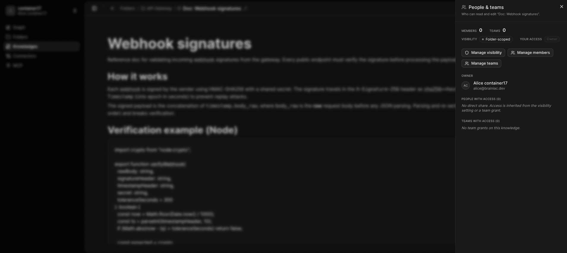 People & teams sidebar: who can read and edit this item, with owner, members, and team grants. Same sidebar appears on projects.